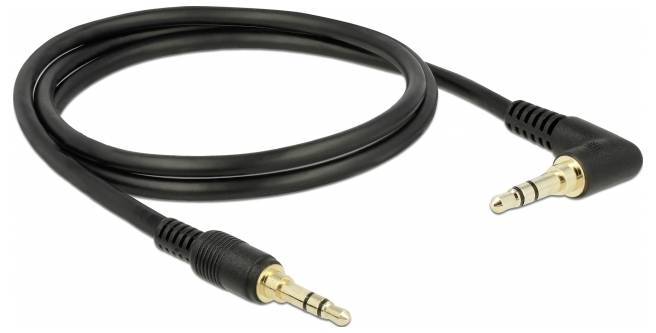 Schwarzes Audiokabel mit zwei 3,5-mm-Klinkensteckern, einer gerade und der andere abgewinkelt. Geeignet für Audioverbindungen.