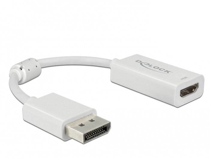 Ein weißer Adapter mit DisplayPort-Stecker auf der einen und HDMI-Buchse auf der anderen Seite, markiert mit 'DELOCK'.