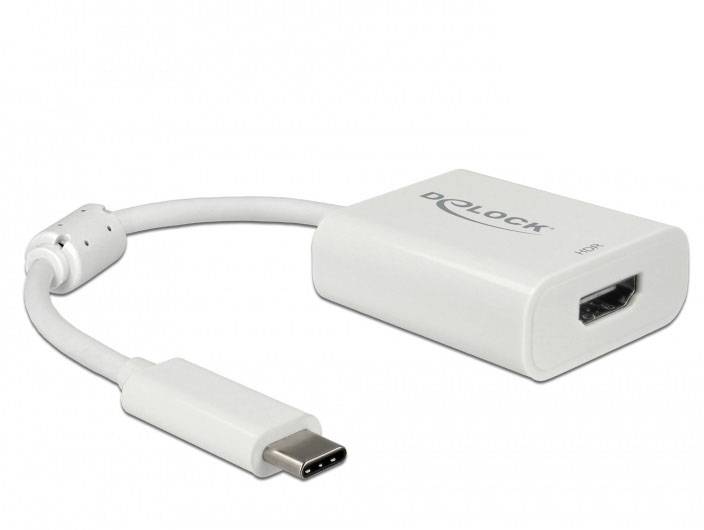 USB-C-auf-HDMI-Adapter von Delock, weiß. Verbindet USB-C-Geräte mit HDMI-Anzeigen. Kompakt, mit flexiblem Kabel.
