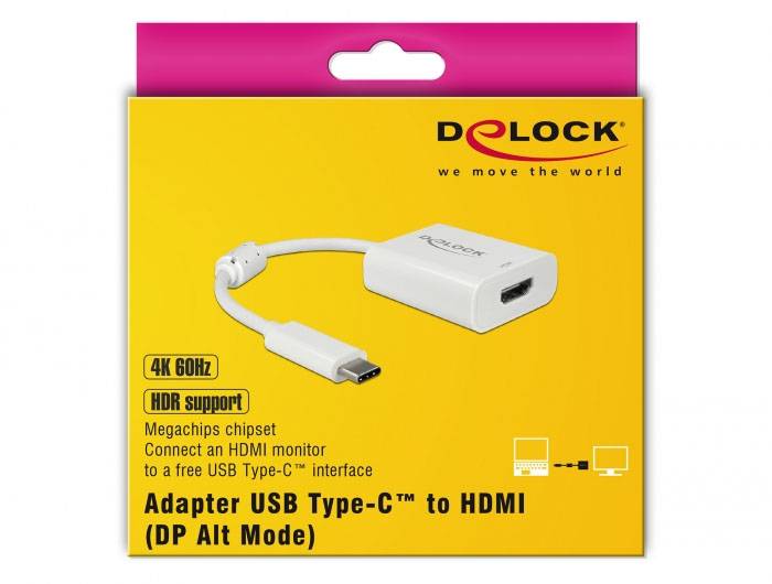 Verpackung eines USB Type-C zu HDMI Adapters von Delock, gelb mit weißem Adapterbild. Unterstützt 4K 60Hz und HDR.