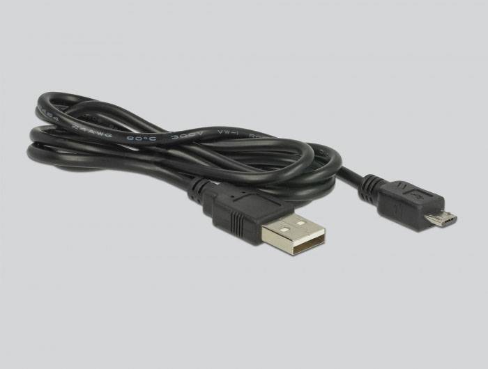 Ein schwarzes USB-Kabel mit einem Standard-USB-Anschluss auf der einen Seite und einem Micro-USB-Anschluss auf der anderen Seite.