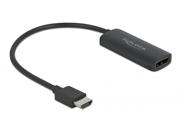 Schwarzer HDMI-Adapter mit einem HDMI-Stecker an einem Ende und einem HDMI-Buchsenanschluss am anderen Ende, ideal für Videoverbindungen.