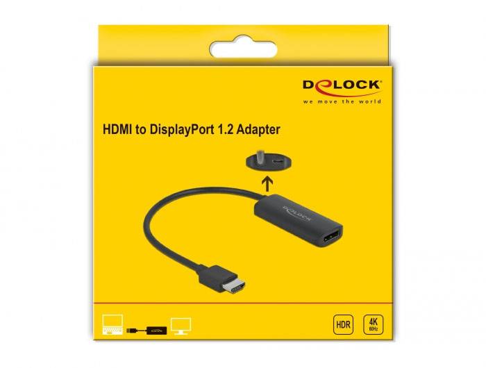 'Delock HDMI zu DisplayPort 1.2 Adapter' Verpackung, zeigt Adapter und Anschluss. Unterstützt HDR, 4K, kompatible Geräteillustrationen.
