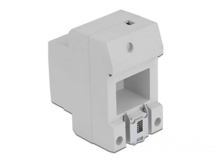 Grau-weißer elektrischer Stromsensor in rechteckiger Form mit einer Öffnung und einem Anschluss, der für die Messung von Elektrizität verwendet wird.