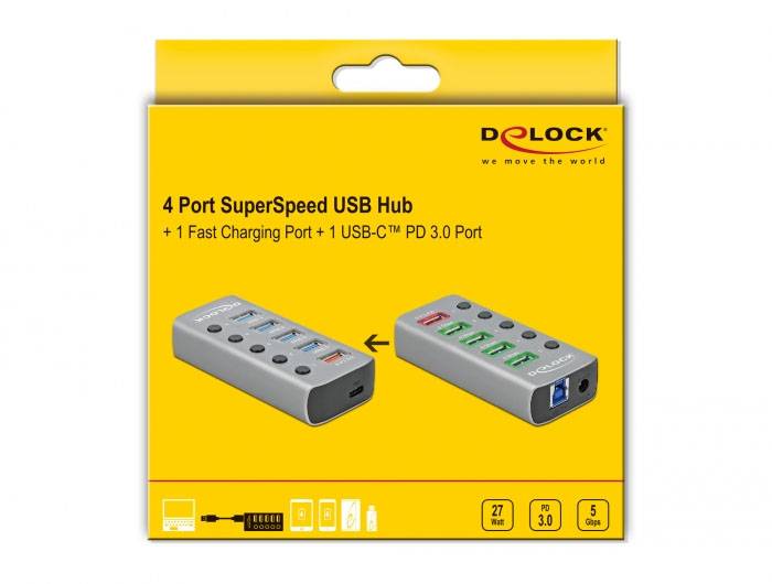 Delock 63263 USB-Hub 4 Port USB-A USB 3.1 Gen1 5 GBit/s Grau 63263
