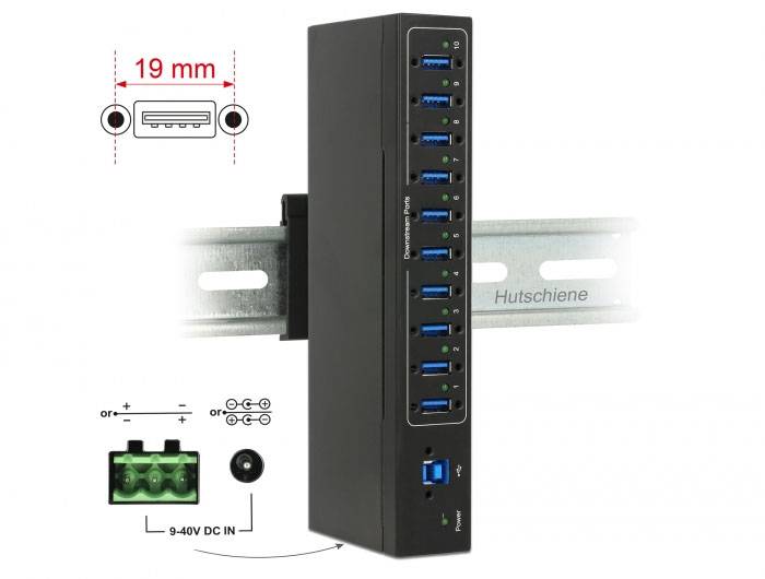 Delock 63919 USB-Hub 10 Port USB-A, DC-Buchse 3.5mm USB 3.2 Gen1 5 GBit/s Schwarz 63919