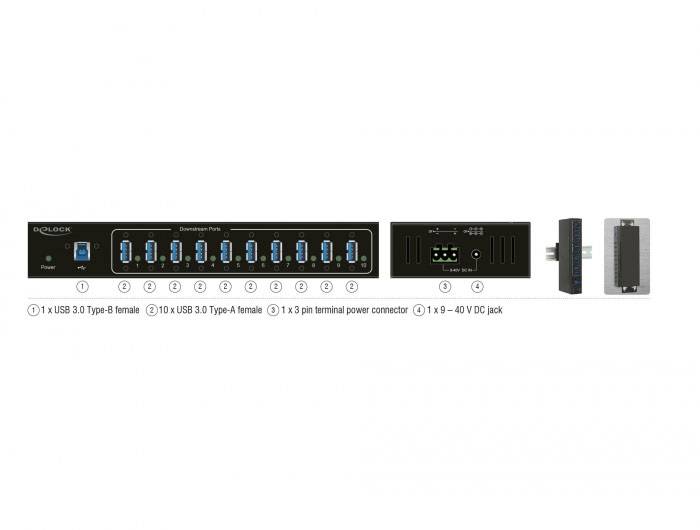 Delock 63919 USB-Hub 10 Port USB-A, DC-Buchse 3.5mm USB 3.2 Gen1 5 GBit/s Schwarz 63919