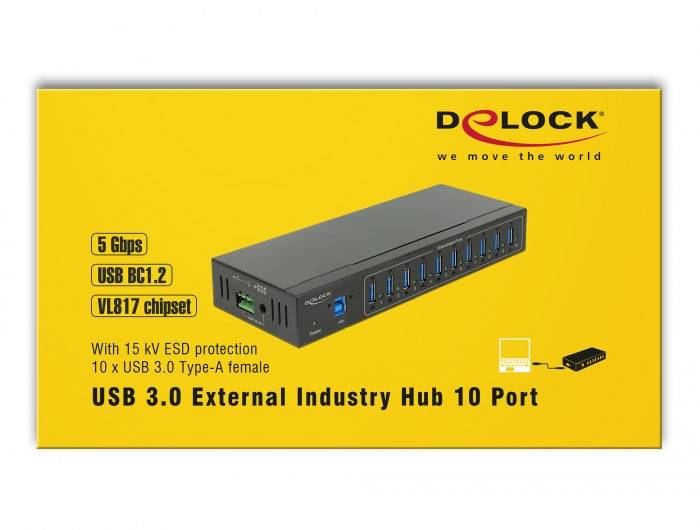 Delock 63919 USB-Hub 10 Port USB-A, DC-Buchse 3.5mm USB 3.2 Gen1 5 GBit/s Schwarz 63919