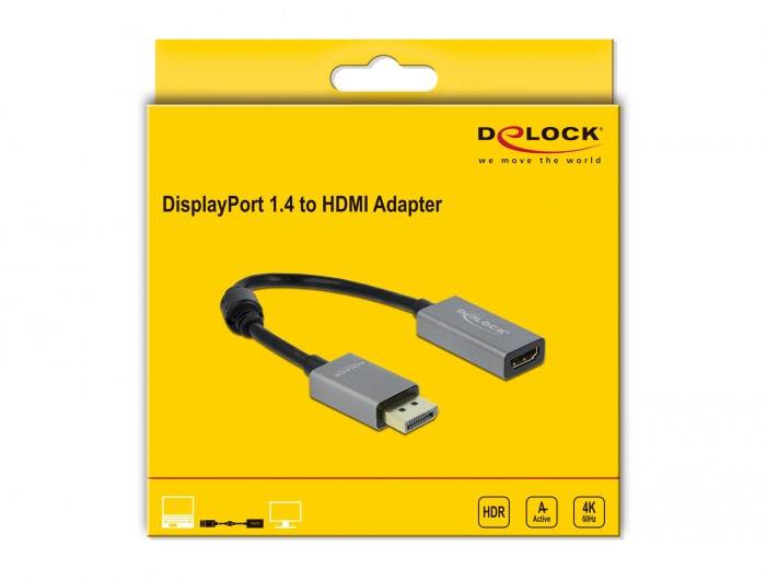 'DisplayPort 1.4 zu HDMI Adapter' in gelber Verpackung von Delock, geeignet für HDR und 4K Darstellung.