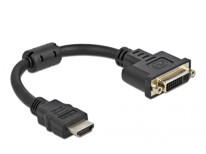 Ein schwarzes HDMI-zu-DVI-Adapterkabel, das HDMI- und DVI-Anschlüsse für den Anschluss von Video- und Audiogeräten hat.