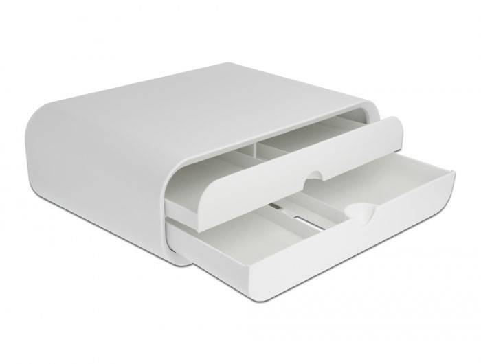 Weiße Schreibtisch-Organizer-Box mit zwei ausziehbaren Schubfächern, die für Ordnung und Ablage von Papier und Büromaterial geeignet ist.