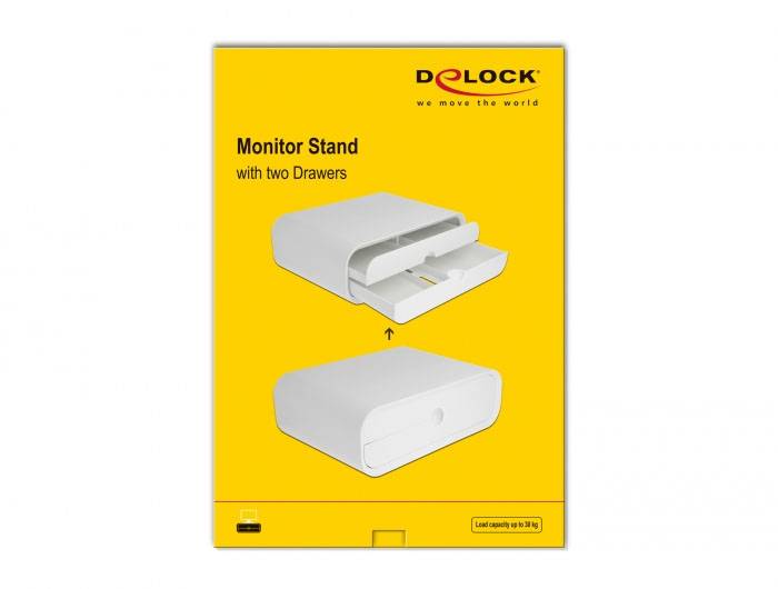 Gelber Karton mit einem Bild eines Monitorständers mit zwei Schubladen. Oben steht 'Monitor Stand with two Drawers'. Marke: Delock.
