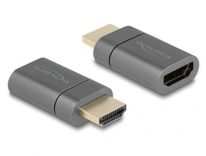 Zwei Adapter mit HDMI-Steckern und Buchsen, grau und mit der Aufschrift 'DELOCK'. Sie dienen zur Verbindung digitaler Videogeräte.