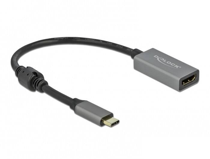 USB-C auf HDMI Adapter mit grauem Gehäuse, geeignet zum Verbinden eines USB-C-Geräts mit einem HDMI-kompatiblen Display.