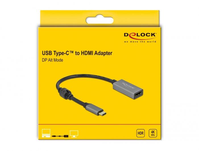 Gelbe Verpackung mit USB Type-C zu HDMI Adapter in Abbildung, Markenlogo oben rechts. Unterstützt HDR und 4K.