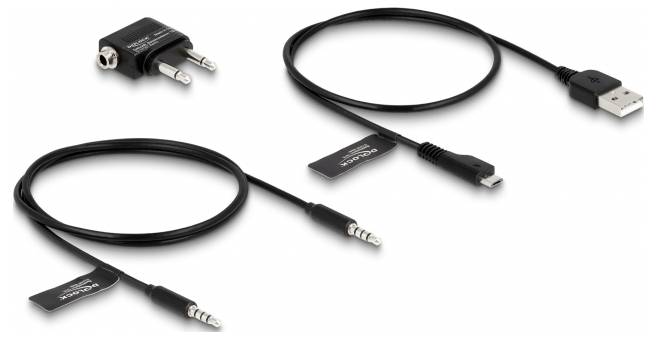 Netzteil mit EU-Steckeradapter, USB-Kabel, und zwei Audiokabel mit 3,5-mm-Klinkensteckern auf weißem Hintergrund.
