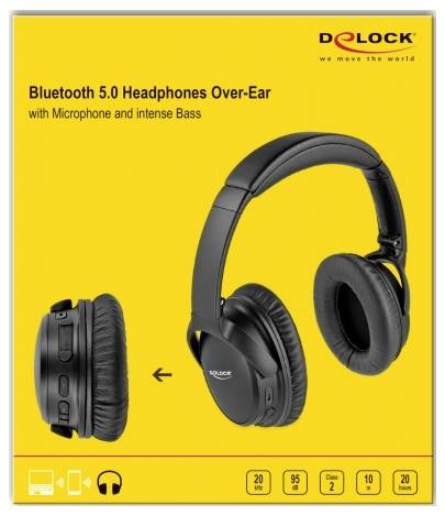 'Bluetooth 5.0 Kopfhörer Over-Ear mit Mikrofon und intensivem Bass' wird auf der Verpackung mit einem Produktbild gezeigt.