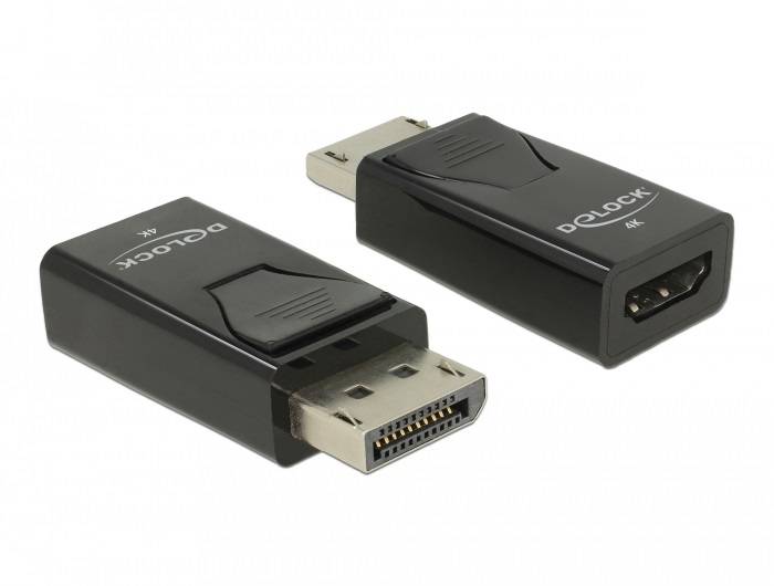 Zwei Adapter, einer mit DisplayPort-Stecker und einer mit HDMI-Buchse, beide mit der Aufschrift 'DeLOCK 4K'.