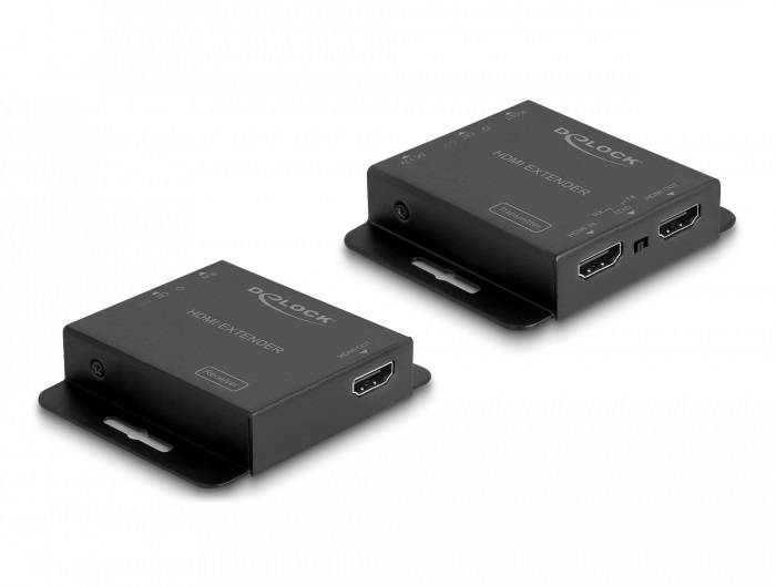 Zwei schwarze HDMI-Extender mit jeweils zwei HDMI-Anschlüssen, die Distanzübertragung zwischen Geräten ermöglichen.