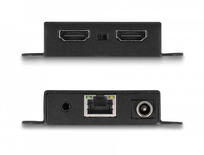 Zwei schwarze Anschlussplatten: Oben mit zwei HDMI-Anschlüssen, unten mit AUX, Ethernet und koaxialem Anschluss in einer Reihe.