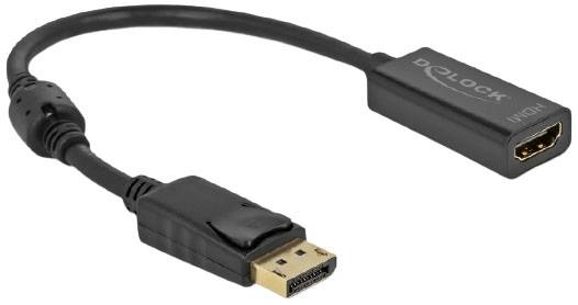 Ein schwarzes Adapterkabel mit DisplayPort-Stecker auf HDMI-Buchse, geeignet für die Verbindung von Computern mit Monitoren oder Fernsehern.