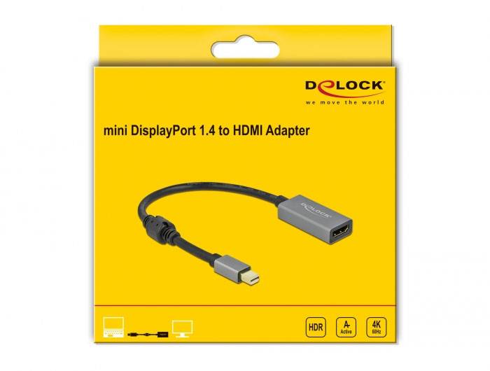 Adapterverpackung: 'mini DisplayPort 1.4 to HDMI Adapter', HDR, 4K. Gelber Hintergrund mit Bild des Adapters und Herstellerlogo.