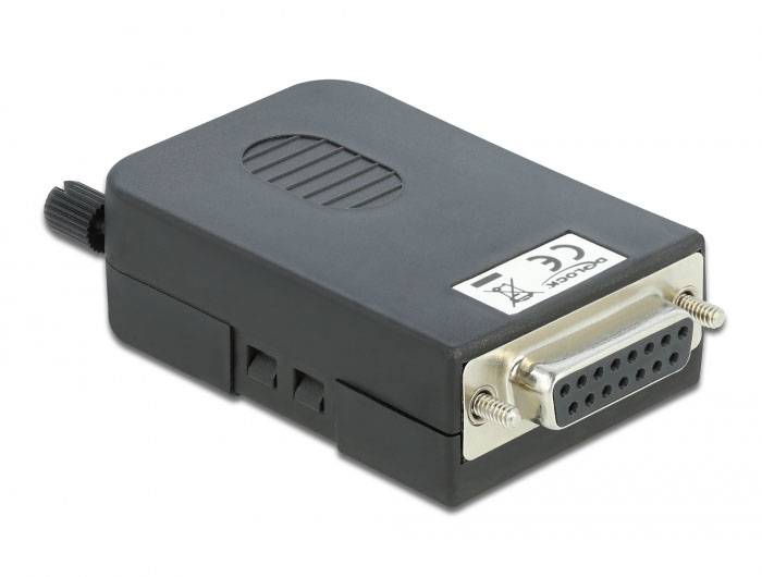 Ein schwarzer Adapter mit VGA-Anschluss und CE-Zeichen. Er hat Metallkontakte und Schraubgewinde zur Befestigung.