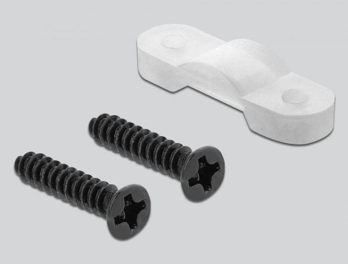 Zwei schwarze Kreuzschlitzschrauben und ein weißes, gewölbtes Kunststoffteil auf grauem Hintergrund.