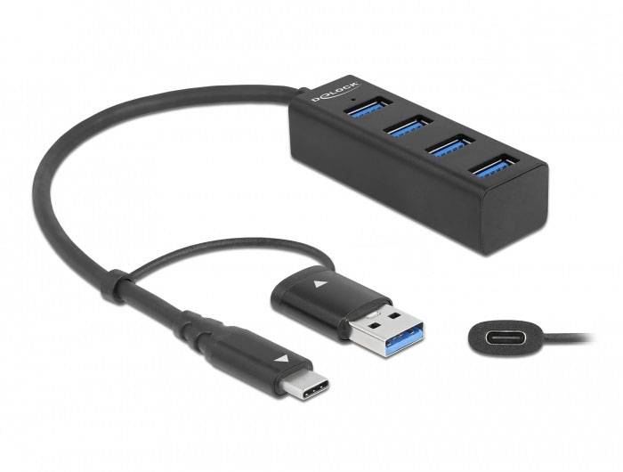 Delock 63828 USB-Hub 2+2 Port USB-A USB 3.2 Gen1 5 GBit/s mit USB-C® Stecker Schwarz 63828