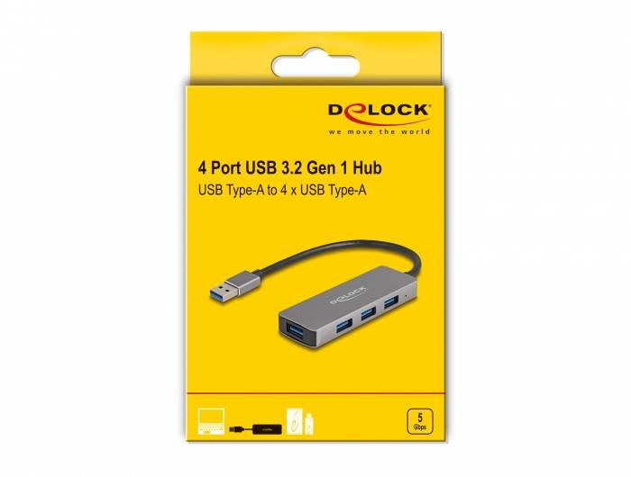 Delock 63171 USB-Hub 4 Port USB-A USB 3.1 Gen1 5 GBit/s Grau 63171