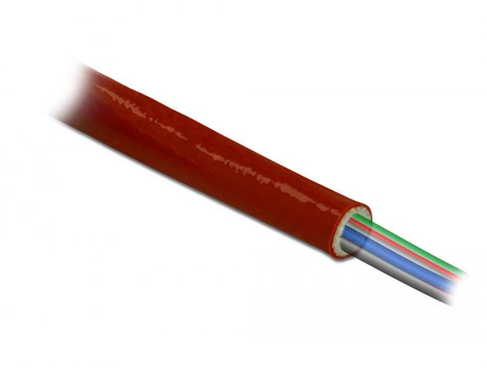 Rotes Kabelschutzrohr umhüllt mehrere farbige Drähte.