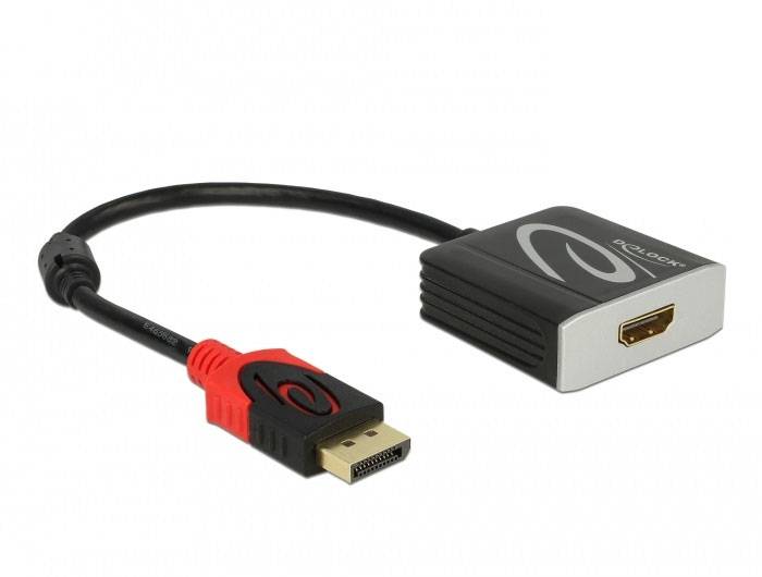 Ein Kabel mit einem DisplayPort-Stecker auf der linken Seite, das mit einem HDMI-Adapter auf der rechten Seite verbunden ist.