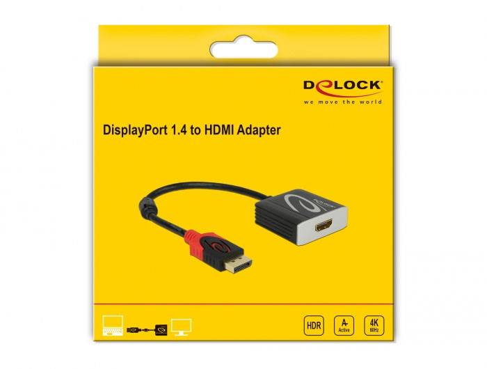 'DisplayPort 1.4 zu HDMI Adapter' Verpackung, Marke Delock. Zeigt Adapter mit Kabel. Unterstützt HDR, 4K und Audio. Gelbe Verpackung.