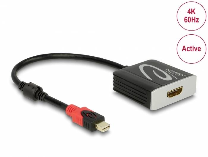 Ein DisplayPort-zu-HDMI-Adapter mit Minimallogo, unterstützt 4K bei 60Hz und ist aktiv. Kabel ist schwarz mit rotem Stecker.