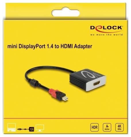 Gelbe Verpackung mit 'Delock mini DisplayPort 1.4 zu HDMI Adapter'. Zeigt Adapterkabel, HDR-, 4K- und Aktiv-Icons.