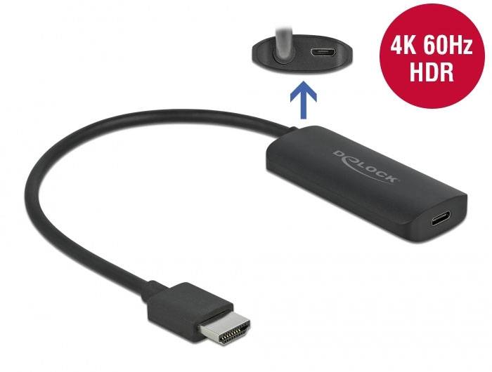 Ein HDMI-Adapterkabel mit USB-C-Anschluss, geeignet für 4K 60Hz HDR, schwarzes Design, Markenname 'Delock' auf dem Gehäuse.