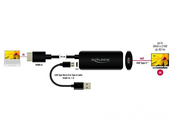 Adapter zur Verbindung eines HDMI-A-Geräts mit einem DisplayPort-Ausgang via USB-C, unterstützt bis zu 3840 x 2160 @ 60 Hz.