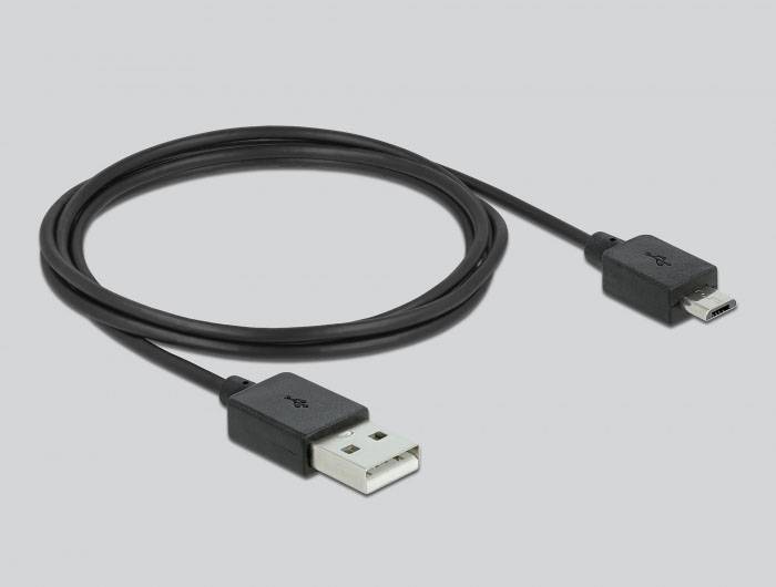 Ein schwarzes USB-auf-Micro-USB-Kabel, auf einer grauen Fläche liegend, mit beiden Steckern sichtbar.