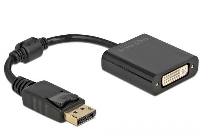 Ein schwarzer Adapter mit einem DisplayPort-Stecker auf der einen und einer DVI-Buchse auf der anderen Seite, geeignet für Videoverbindungen.