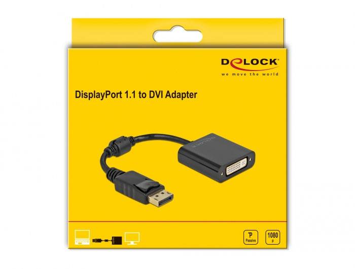 Verpackung eines Delock DisplayPort 1.1-zu-DVI-Adapters. Enthält Adapterbild und Symbole für seine Kompatibilität mit Bildschirmen.