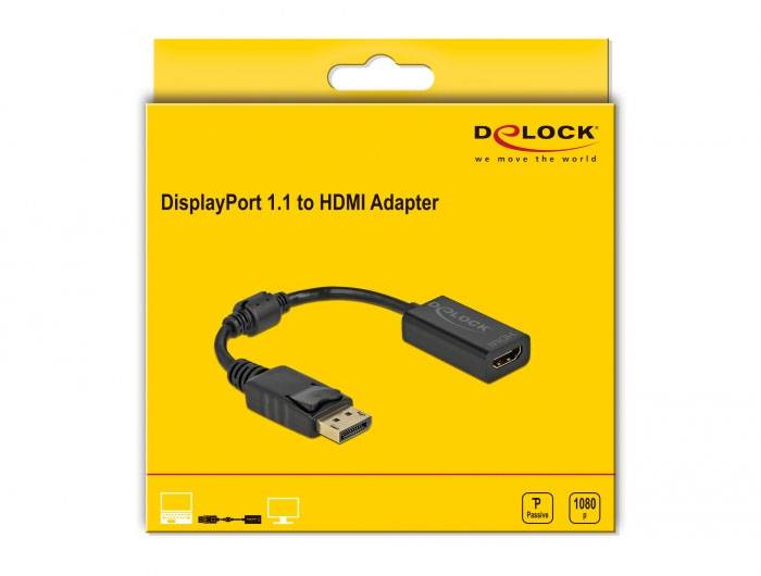 DisplayPort 1.1 zu HDMI Adapter Verpackung. Zeigt das Produktbild eines schwarzen Adapters, geeignet für 1080p Auflösung.