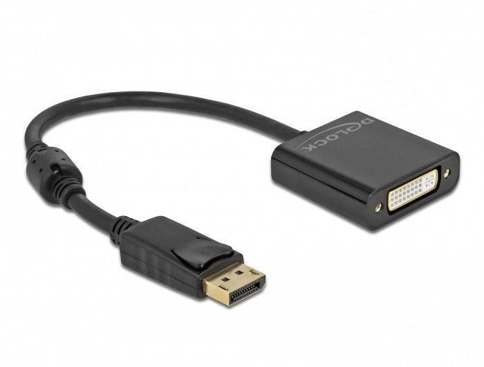 Ein schwarzes DisplayPort-zu-DVI-Kabeladapter, markiert mit 'Delock', verbindet Geräte mit verschiedenen Videoanschlüssen.