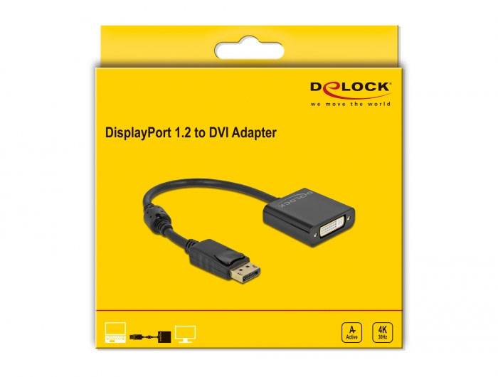 'DisplayPort 1.2 auf DVI Adapter' Verpackung; zeigt Adapter mit DisplayPort- und DVI-Anschluss, geeignet für 4K, 3D, Audio-Unterstützung.