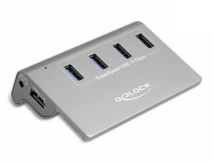 Delock 64181 USB-Hub 4 Port USB-A, DC-Buchse 3.5mm USB 3.2 Gen2 10 GBit/s Grau 64181