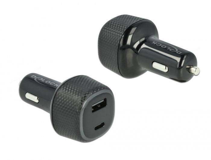Zwei schwarze USB-Autoladegeräte mit Doppel- und USB-C-Anschlüssen, waagerecht und senkrecht dargestellt.
