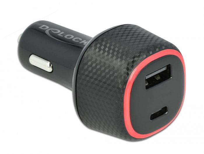 Ein schwarzes Auto-Ladegerät mit zwei USB-Anschlüssen, einem regulären USB-Anschluss und einem USB-C-Anschluss, mit rotem Akzent.