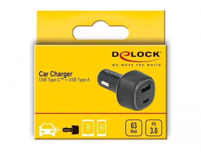 'Delock Car Charger' Verpackung. USB Typ-C und USB Typ-A Anschlüsse, 63 Watt, Power Delivery 3.0. Gezeigt: Ladegerät, Auto- und Smartphone-Icons.