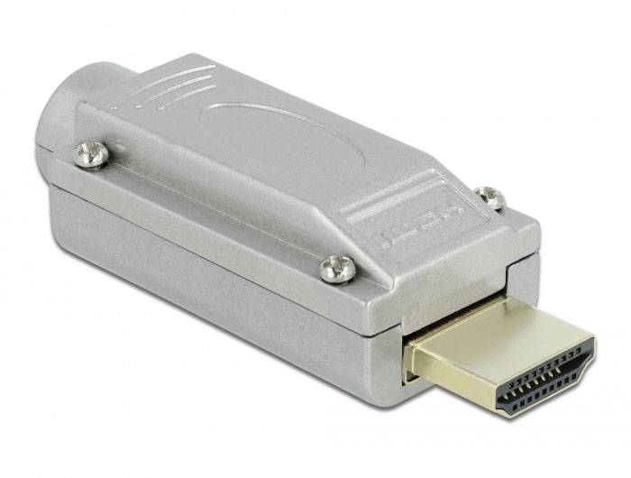 Ein silberner HDMI-Adapter mit rechteckiger Form und Anschluss, verwendet zur Verbindung von Audiovideo-Geräten.