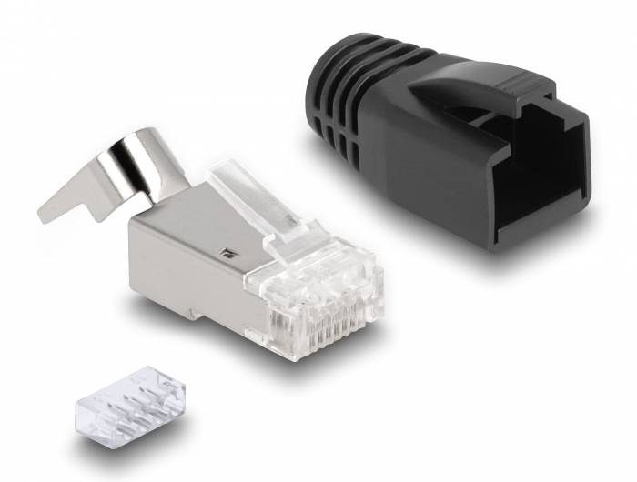 Delock 66903 RJ45 Modularer Stecker mit Zugentlastung Cat.6A, Cat.7 und Knickschutztülle 25er Set 66903 Schwarz 1St.