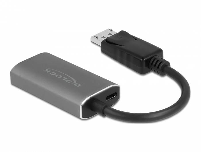 Ein USB-zu-HDMI-Adapter mit Metallgehäuse und kurzem Kabel. Der Adapter ermöglicht den Anschluss von HDMI-Geräten an USB-Anschlüsse.